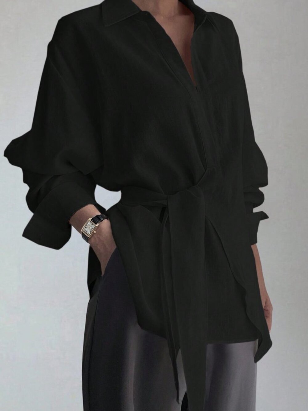 Black Elegant Women's Half-Placket Side Tie Pullover Casual Shirt - Picture 3 of 5